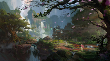 Картинка рисованные живопись лес дом водопад