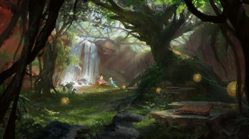 Картинка рисованные живопись водопад девушки лес