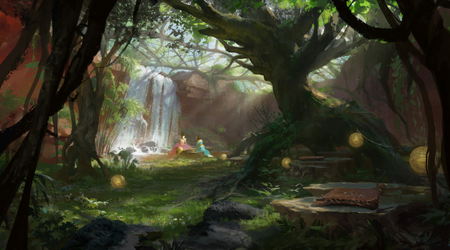 Обои картинки фото рисованные, живопись, водопад, девушки, лес
