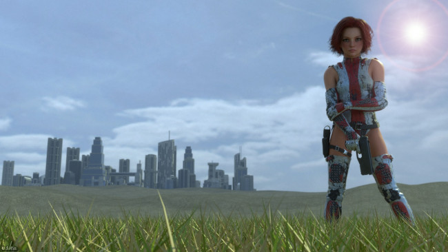 Обои картинки фото 3д графика, fantasy , фантазия, взгляд, оружие, девушка, поле, город