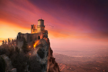 Картинка города -+дворцы +замки +крепости птицы гуаита башня крепость гора монте-титано сан-марино