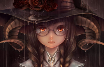 Картинка аниме ангелы +демоны дождь розы шляпа рога очки девушка bouno satoshi арт