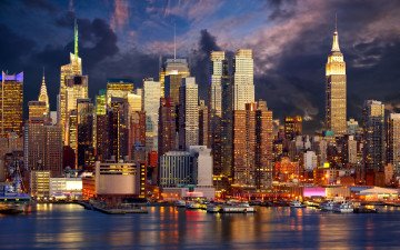 Картинка города нью-йорк+ сша побережье небоскребы огни ночь манхэттен нью-йорк причалы