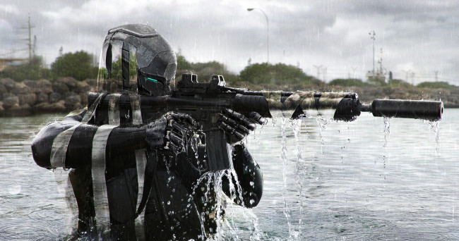 Обои картинки фото фэнтези, роботы,  киборги,  механизмы, солдат, фантастика, автомат, вода, камуфляж, река, шлем, phantom