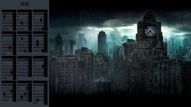 Обои картинки фото календари, фэнтези, часы, здание, город, дождь