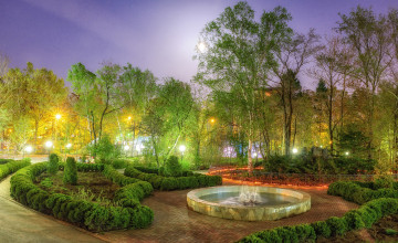 Картинка природа парк фонтан сахалин кусты россия фонари