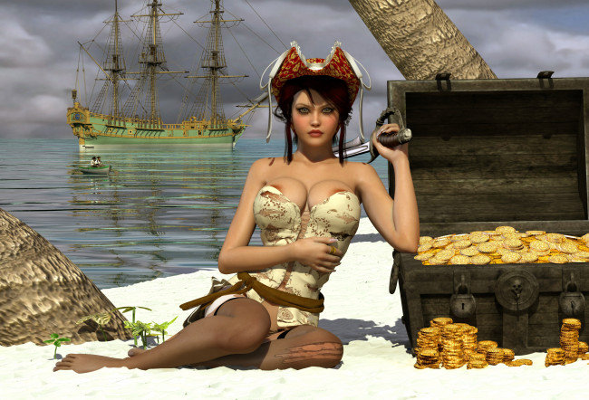 Обои картинки фото 3д графика, фантазия , fantasy, девушка, фон, взгляд, пират, униформа, сундук, золото, монеты, корабль