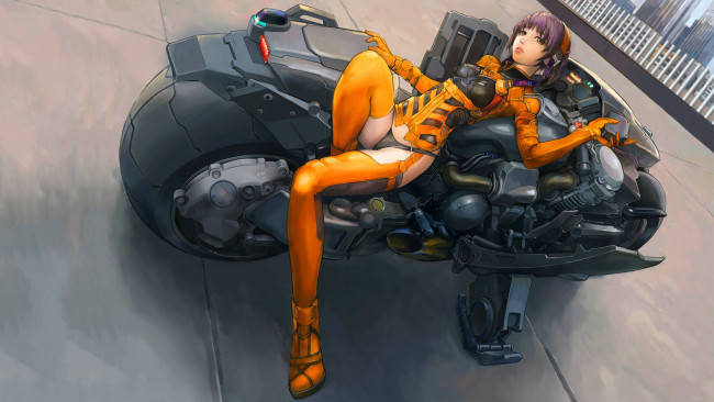 Обои картинки фото аниме, weapon, blood, technology, девушка, мотоцикл