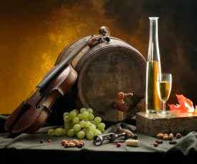 обоя еда, напитки, вино, виноград, натюрморт, скрипка