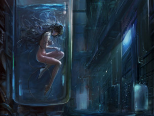 Картинка аниме ushas техника технологии лаборатория сосуд девушка город дом ванна резервуар