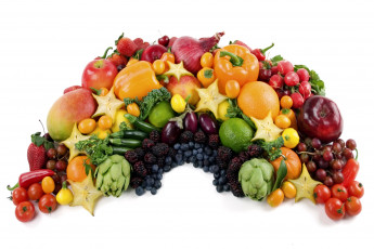 Картинка еда фрукты овощи вместе перец помидоры баклажаны виноград яблоки груши томаты