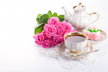 обоя еда, напитки, Чай, чай, розы, цветы, пирожное, чашка, чайник