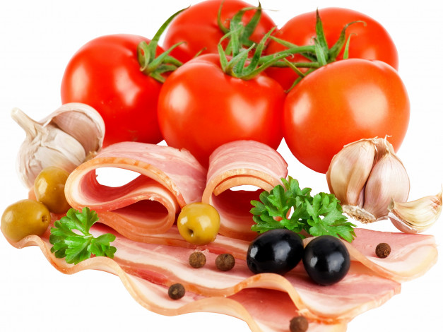 Обои картинки фото еда, разное, мясо, чеснок, помидоры, томаты