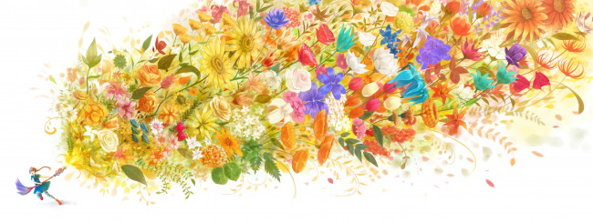 Обои картинки фото аниме, *unknown, другое, девушка, метла, цветы
