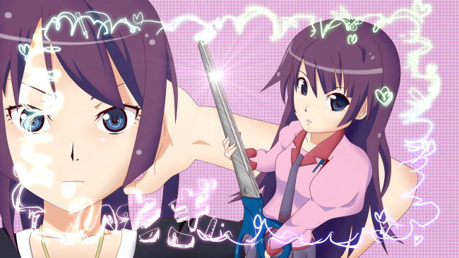 Обои картинки фото bakemonogatari, аниме, senjougahara hitagi, девушка, форма, ножницы