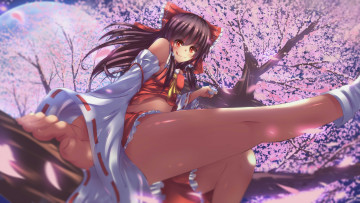 Картинка аниме touhou сакура цветы девушка цветущие деревья ноги