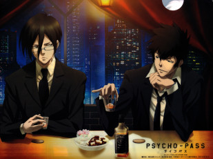 Картинка аниме psycho-pass shinya kougami двое бар очки костюм ночь небоскребы ginoza nobuchika