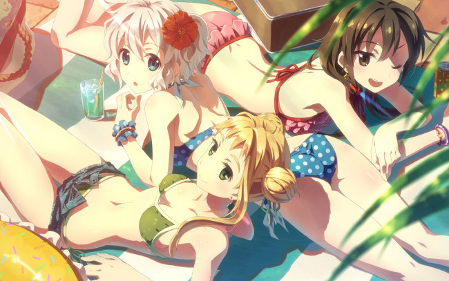 Обои картинки фото аниме, unknown,  другое, лето, пляж, девочки, арт, yuuki, tatsuya, тропики, напитки