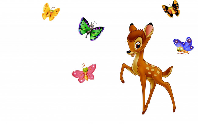 Обои картинки фото мультфильмы, bambi, бемби, бабочки, оленёнок