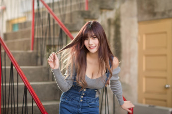 Картинка девушки -unsort+ азиатки wallhaven азиатские женщины джинсовый комбинезон брюнетка большая грудь длинные волосы