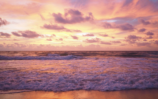 Обои картинки фото природа, восходы, закаты, beach, песок, pink, море, волны, summer, sunset, лето, пляж, sea, sand, seascape, purple, закат, beautiful, wave