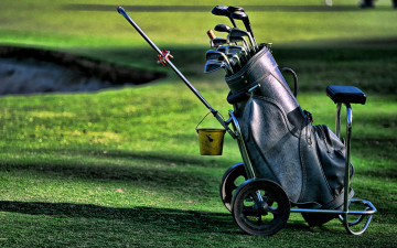 Картинка спорт гольф клюшки поле тележка ведро