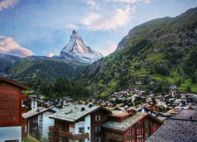Обои картинки фото zermatt, switzerland, города, пейзажи, швейцария, горы, дома, пейзаж