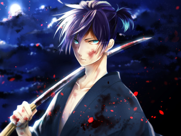 Обои картинки фото аниме, noragami, hsk10, hkm, арт, парень, yato, кимоно, оружие, ночь, облака, небо, луна, кровь, катана