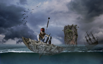 Картинка фэнтези фотоарт ситуация зонт зонтик пират девушка скала фрегат парусник море