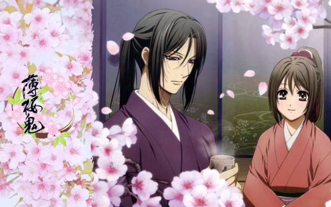 Обои картинки фото аниме, hakuouki, парень, цветы, девушка, сакура