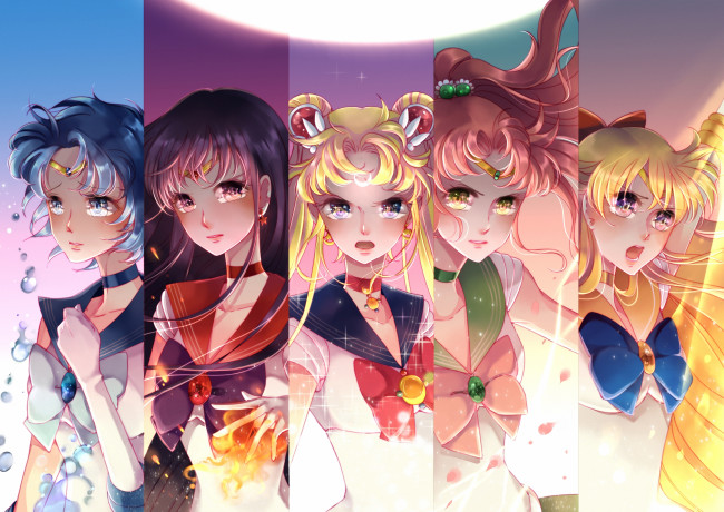 Обои картинки фото аниме, sailor moon, войны, девушки, girls, venus, mercury, jupiter, sailor, moon, mars