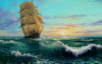 обоя корабли, рисованные, брызги, волны, парусник, водоем, облака