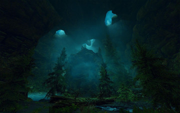 обоя видео игры, the elder scrolls v,  skyrim, вода, пещера, сумерки, река, лес