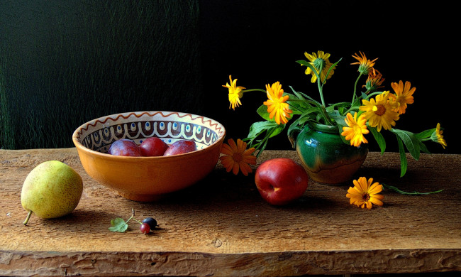 Обои картинки фото еда, натюрморт, цветы, фрукты, ноготки, хохлова, наталья