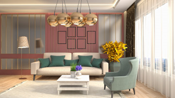 обоя 3д графика, реализм , realism, гостиная, ваза, кресло, диван, дизайн, цветок