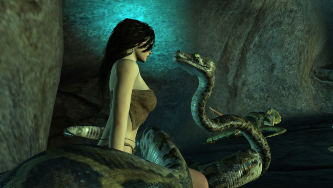 Обои картинки фото 3д графика, фантазия , fantasy, змея, девушка, взгляд, фон