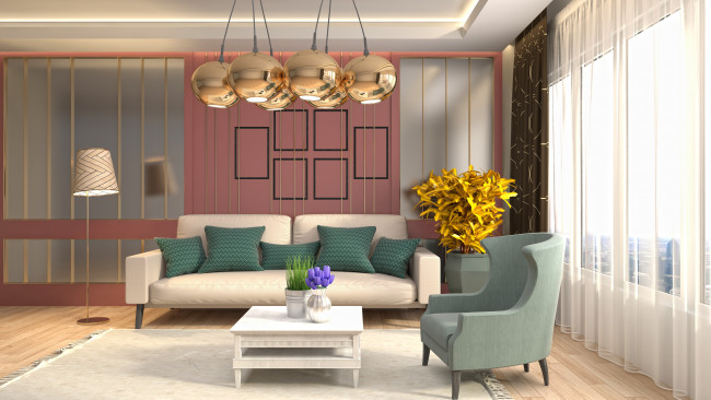 Обои картинки фото 3д графика, реализм , realism, гостиная, ваза, кресло, диван, дизайн, цветок