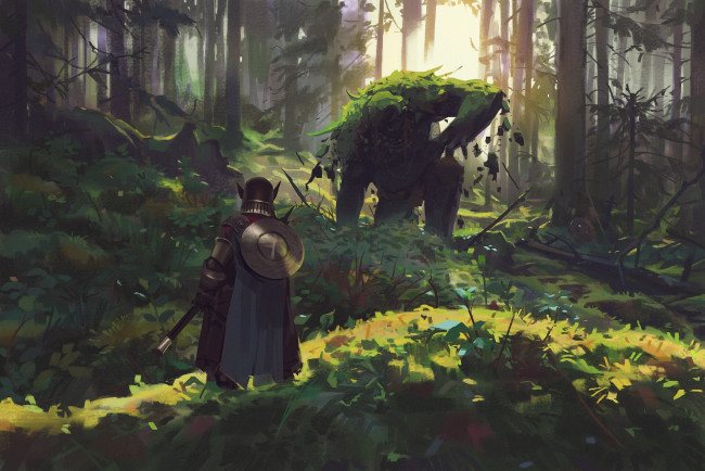 Обои картинки фото фэнтези, существа, рыцарь, монстр, лес