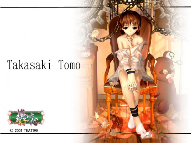 Обои картинки фото аниме, *unknown, другое, takasaki tomo, девушка, стул, цепи, медведь, ножницы, цветы, веревка