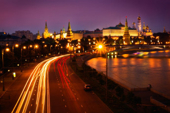 Картинка moscow города москва россия огни мост дорога кремль набережная