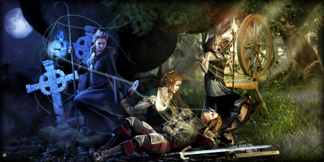 Обои картинки фото 3д, графика, fantasy, фантазия, мужчина, магия, меч, девушки