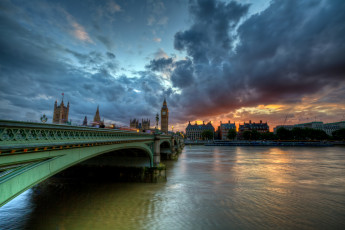 обоя westminster, bridge, города, лондон, великобритания, london, england, river, thames, вестминстерский, мост, река, темза, облака