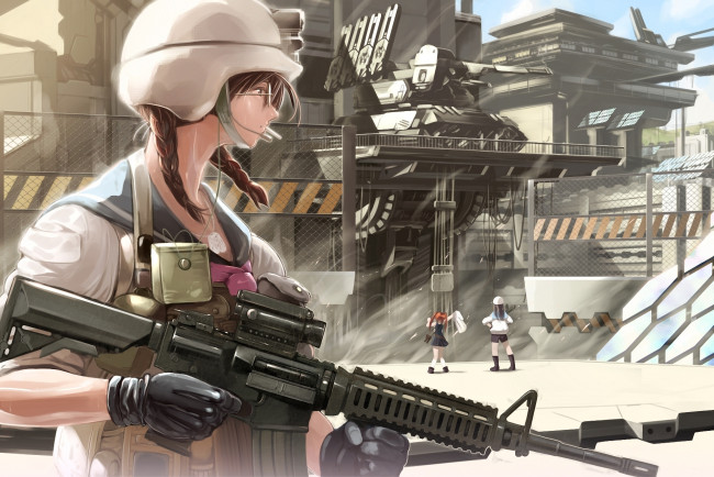 Обои картинки фото аниме, weapon, blood, technology, военная, автомат, каска, база, девушки, очки, форма