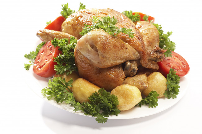 Обои картинки фото еда, мясные, блюда, зелень, картофель, курица