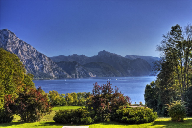 Обои картинки фото lake, traunsee, австрия, природа, реки, озера, дервья, горы, озеро