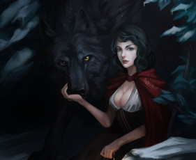 Картинка фэнтези люди арт девушка red riding hood marilyn zhuang плащ волк фонарь красная шапочка