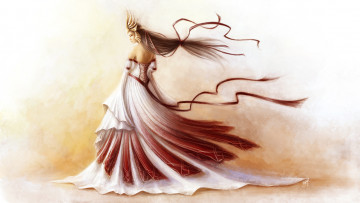 Картинка фэнтези девушки ветер ленты корона платье фон девушка арт
