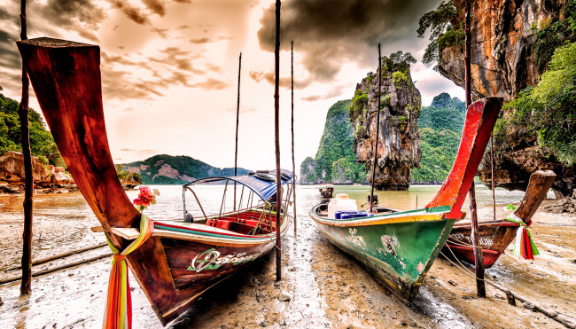 Обои картинки фото корабли, лодки,  шлюпки, лодка, деревья, море, горы