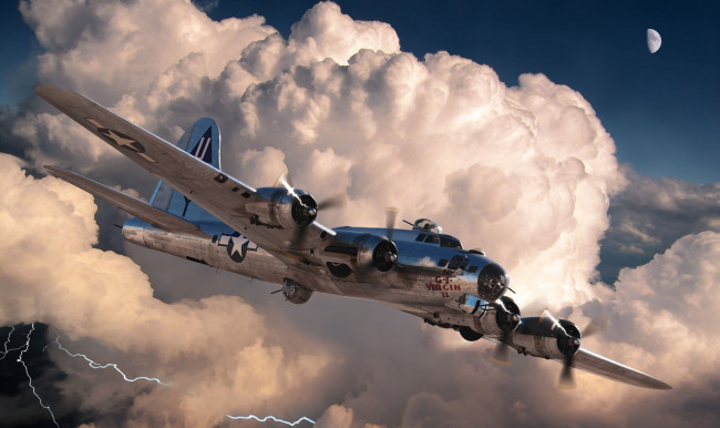 Обои картинки фото b-17g, авиация, боевые самолёты, бомбардировшщик, облака, полет