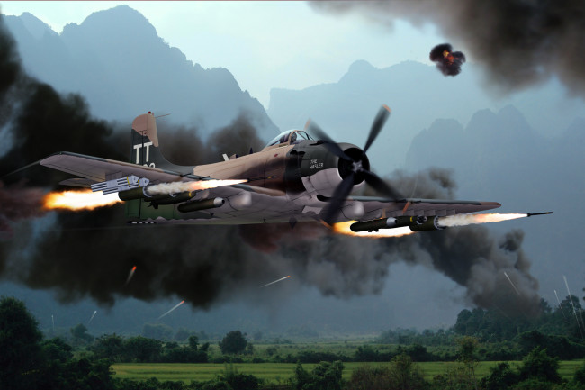 Обои картинки фото a-skyraider-1, авиация, 3д, рисованые, v-graphic, бой, воздушный